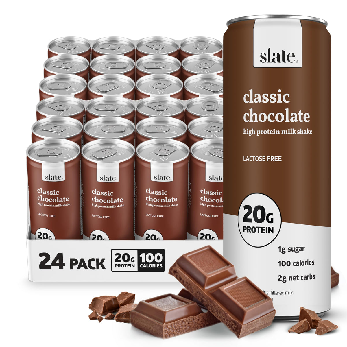 Slate Milk - High Protein Milk Shake - French Vanilla - Lactose Free, 20g Protein, 1g Sugar, 100 Calories, 1g Net Carbs, No Added Sugar - Natural, Breakfast Boost, Post Workout - 11 fl oz, 12 Cans