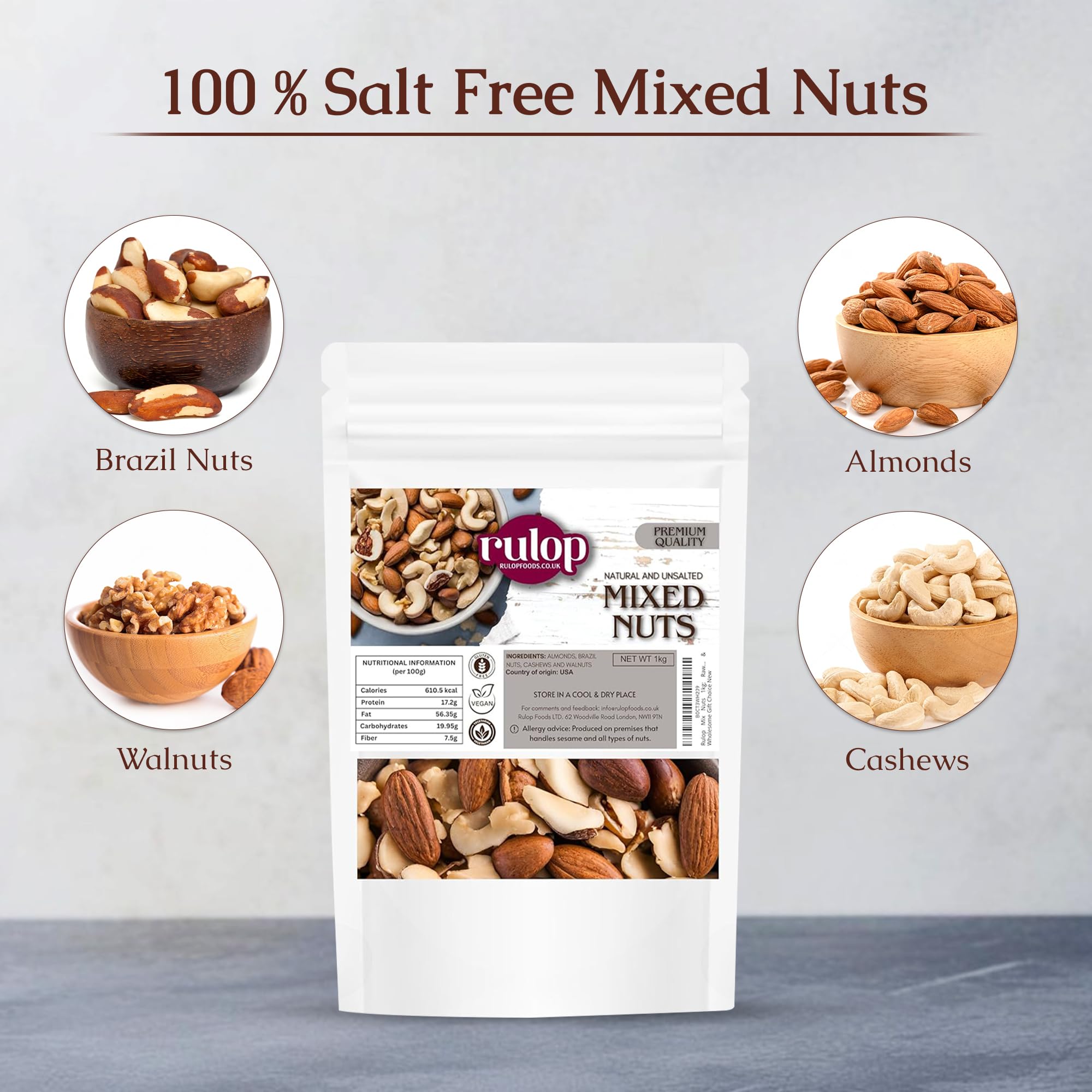 Rulop Mix Nuts 1kg: Raw & Unsalted Cashews, Almonds, Walnuts, Brazil Nuts - Nutritious Vegan, Keto, Vegetarian Snack Mix, Bulk Diet Treat & Wholesome Gift Choice