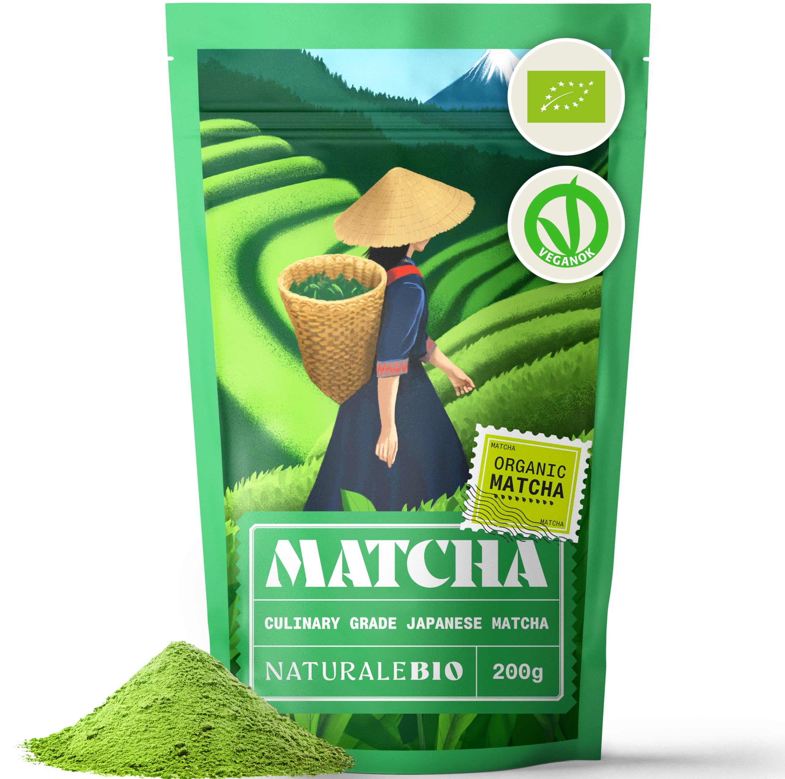 NaturaleBio Japanese Organic Matcha Green Tea Powder - Premium Grade - 1kg. Tea Produced in Japan, Uji, Kyoto. Use for Drinking, Smoothie Making and with Milk. Vegan & Vegetarian Friendly