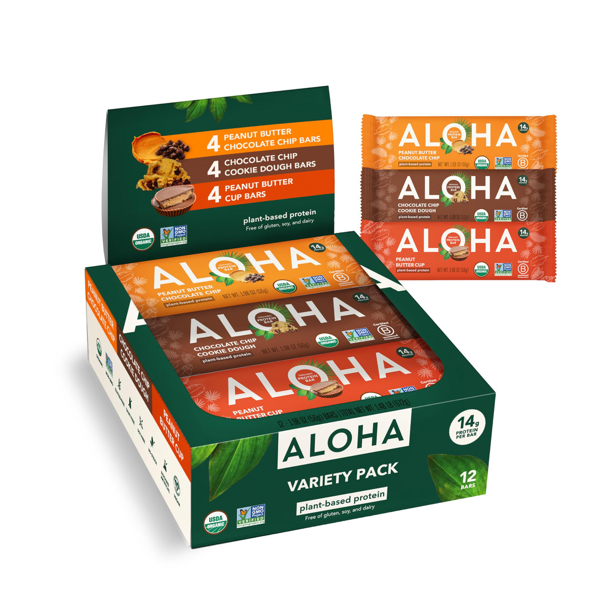 ALOHA Organic Plant Based Protein Bars |Peanut Butter Chocolate Chip | 1.98 Oz (Pack of 12) | Vegan, Low Sugar, Gluten Free, Paleo, Low Carb, Non-GMO, Stevia Free, Soy Free, No Sugar Alcohols