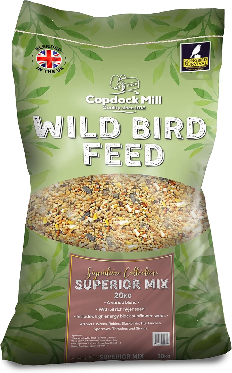 Copdock Mill Wild Bird Seed Superior Mix 20kg - All Year-Round Bird Seeds for Small Garden Birds - 100% Natural Nutritional Feed with Black Sunflower and Nyjer Seeds