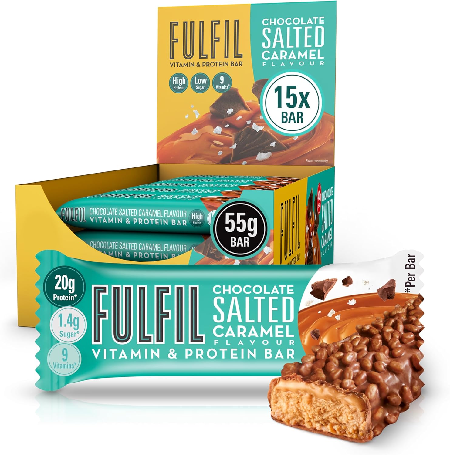 FULFIL Vitamin and Protein Bars (15 x 55 g Bars) — Chocolate Salted Caramel Flavour — 20 g High Protein; 9 Vitamins; Low Sugar