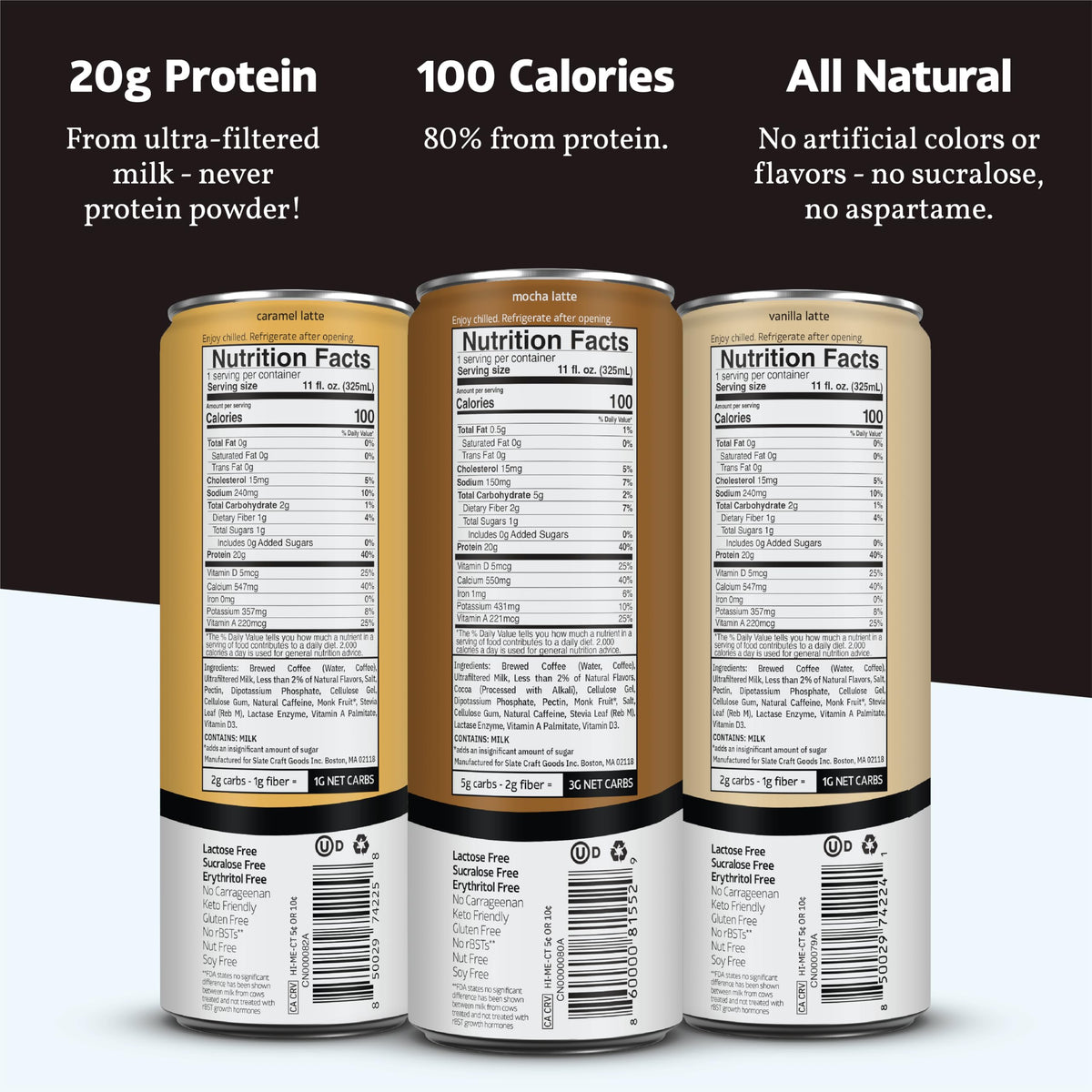 Slate Milk - High Protein Milk Shake - French Vanilla - Lactose Free, 20g Protein, 1g Sugar, 100 Calories, 1g Net Carbs, No Added Sugar - Natural, Breakfast Boost, Post Workout - 11 fl oz, 12 Cans