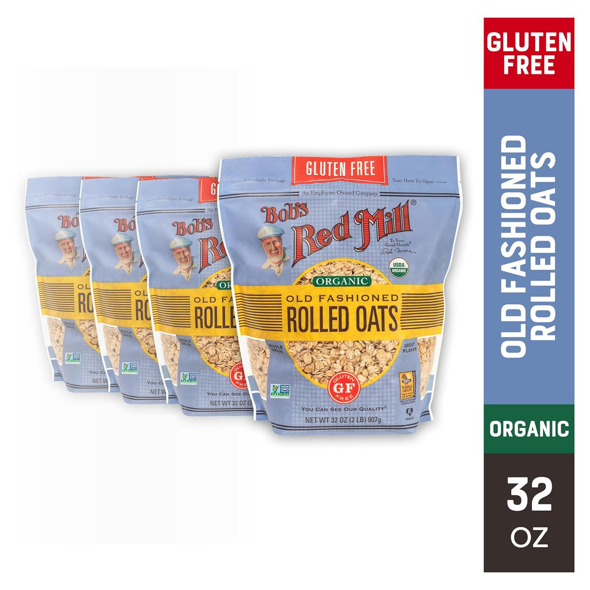Bob's Red Mill Gluten Free Organic Old Fashioned Rolled Oats, 32oz (Pack of 4) - Non GMO, Whole Grain, Vegan, Kosher