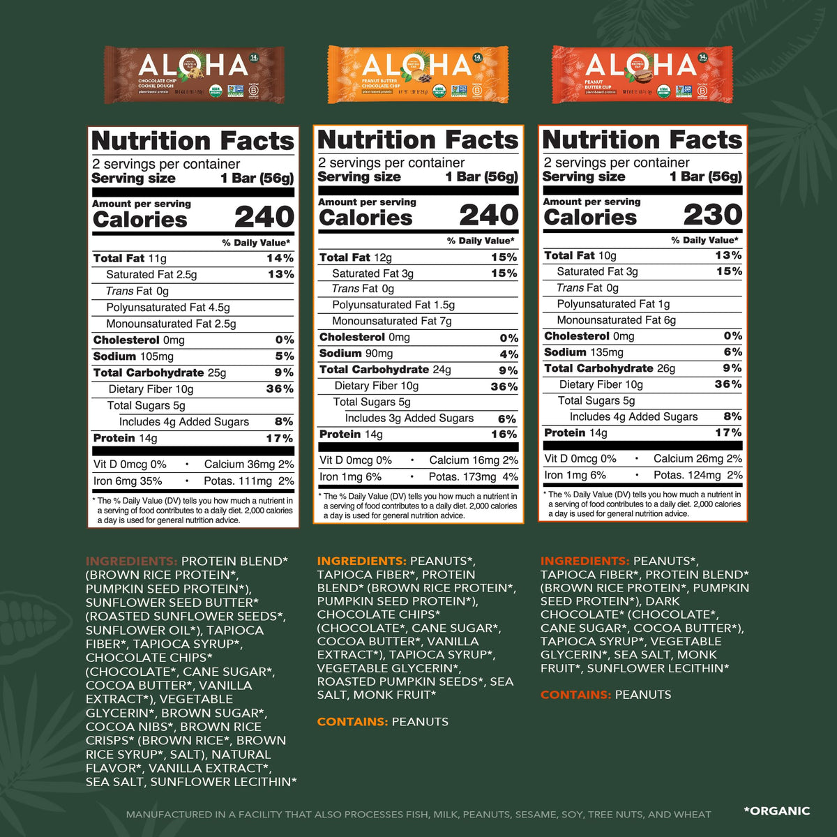 ALOHA Organic Plant Based Protein Bars |Peanut Butter Chocolate Chip | 1.98 Oz (Pack of 12) | Vegan, Low Sugar, Gluten Free, Paleo, Low Carb, Non-GMO, Stevia Free, Soy Free, No Sugar Alcohols