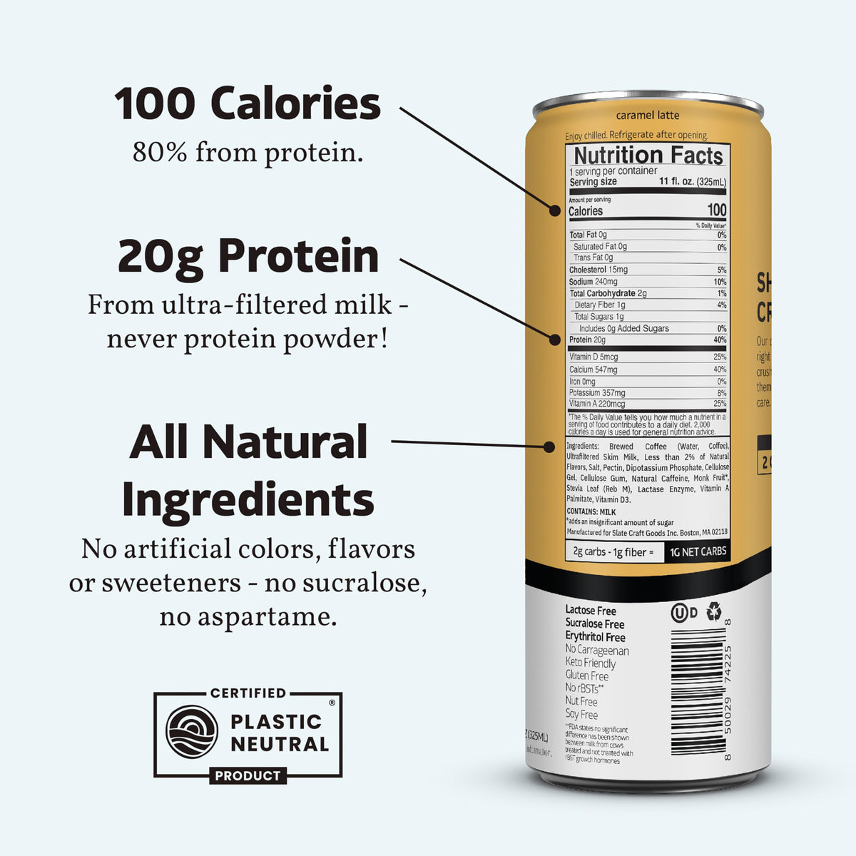 Slate Milk - High Protein Milk Shake - French Vanilla - Lactose Free, 20g Protein, 1g Sugar, 100 Calories, 1g Net Carbs, No Added Sugar - Natural, Breakfast Boost, Post Workout - 11 fl oz, 12 Cans