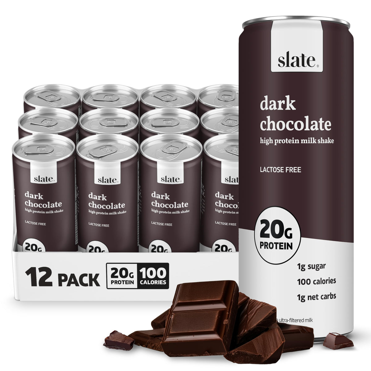 Slate Milk - High Protein Milk Shake - French Vanilla - Lactose Free, 20g Protein, 1g Sugar, 100 Calories, 1g Net Carbs, No Added Sugar - Natural, Breakfast Boost, Post Workout - 11 fl oz, 12 Cans