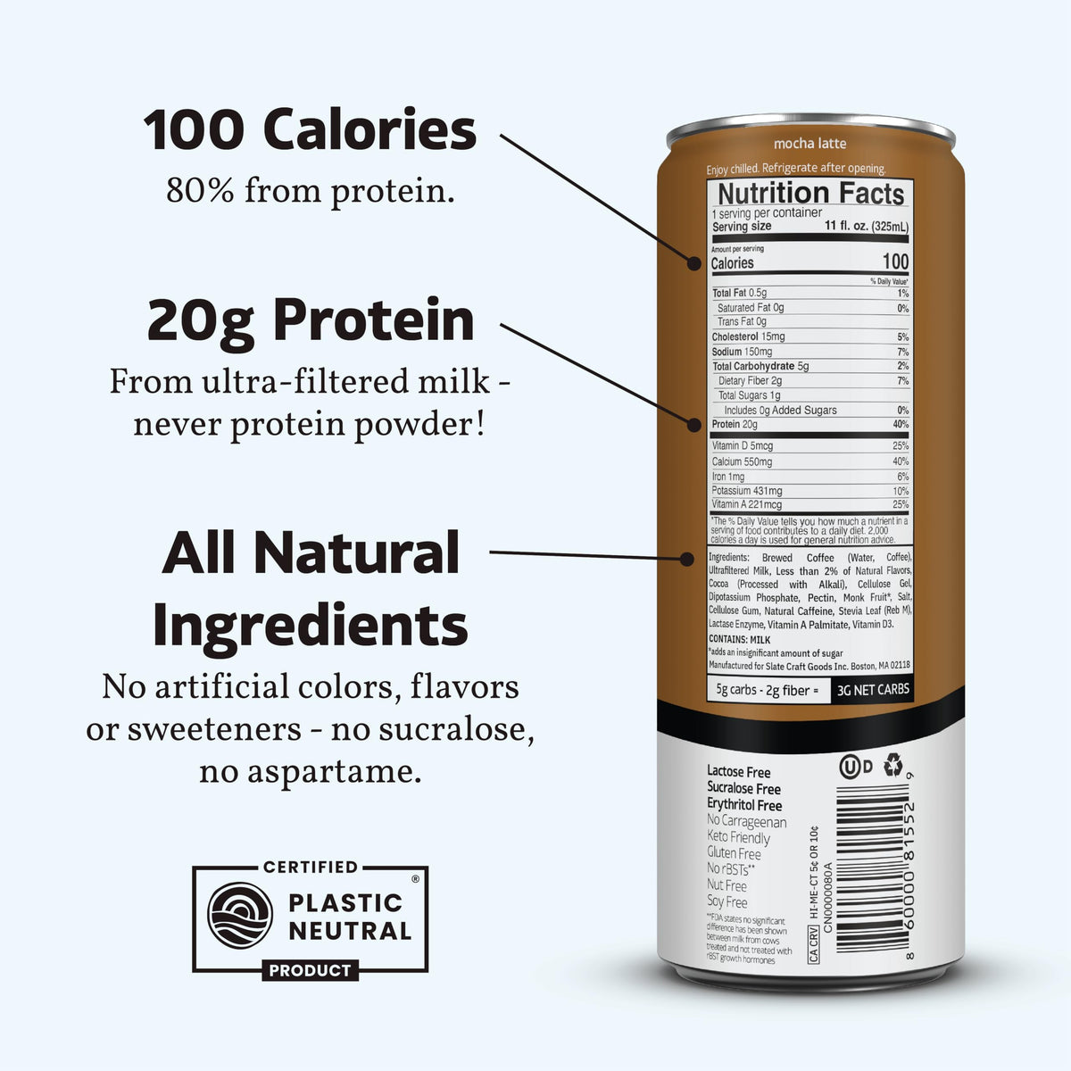 Slate Milk - High Protein Milk Shake - French Vanilla - Lactose Free, 20g Protein, 1g Sugar, 100 Calories, 1g Net Carbs, No Added Sugar - Natural, Breakfast Boost, Post Workout - 11 fl oz, 12 Cans