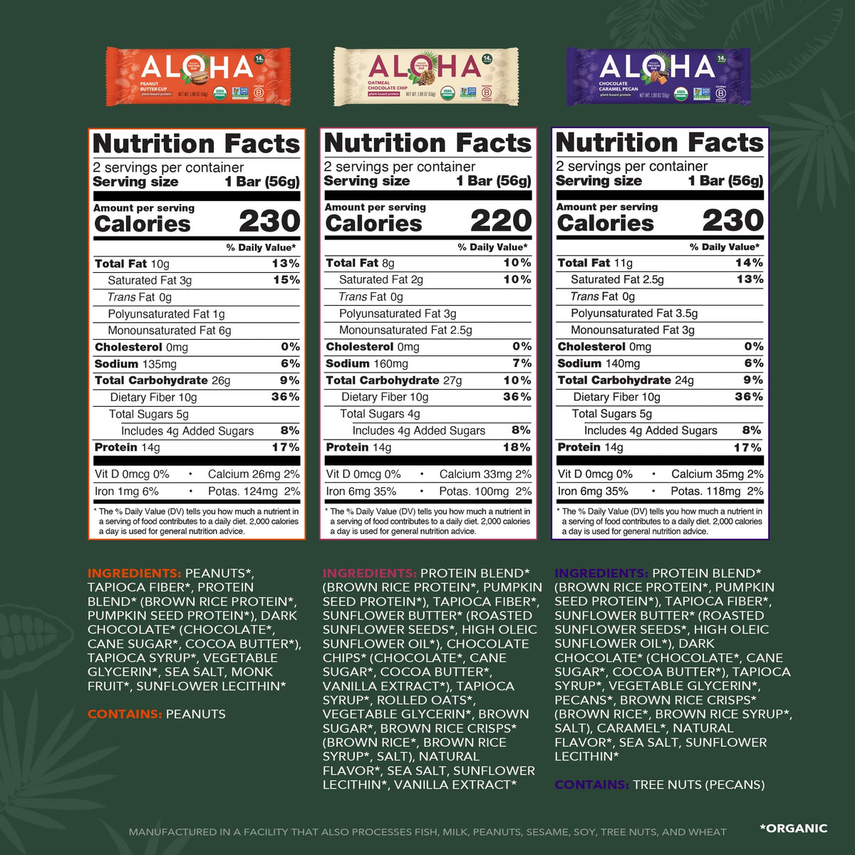 ALOHA Organic Plant Based Protein Bars |Peanut Butter Chocolate Chip | 1.98 Oz (Pack of 12) | Vegan, Low Sugar, Gluten Free, Paleo, Low Carb, Non-GMO, Stevia Free, Soy Free, No Sugar Alcohols