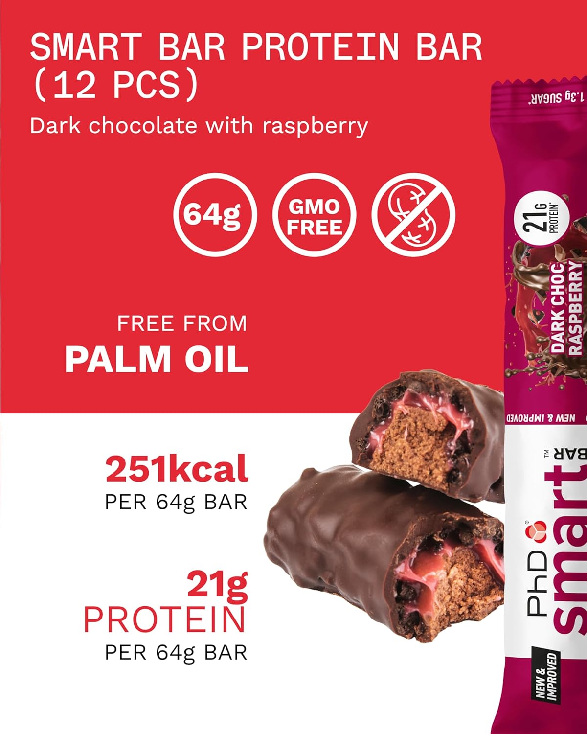 PhD Smart Hight Protein Bar Low Sugar, Nutritional Protein Bars/Protein Snacks, Chocolate Raspberry Flavour, 20g of Protein, 64g Bar (12 Pack)