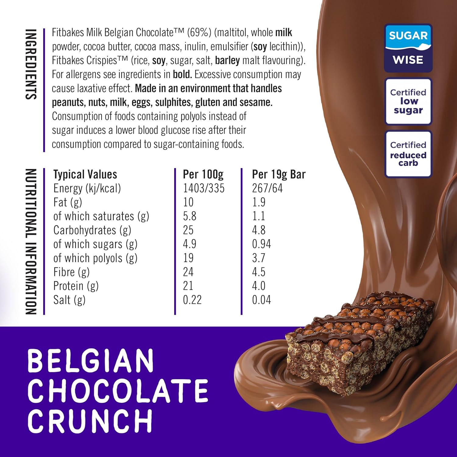 Fit bakes 64 Calories Belgian Chocolate Mini Bars (12x19g) Diabetic Chocolate Keto Snack, 1 Net Carb Low Sugar Crunch Cake, Diabetic Sweets Biscuits, Low Calorie Snack, No Added Sugar, Fitbakes