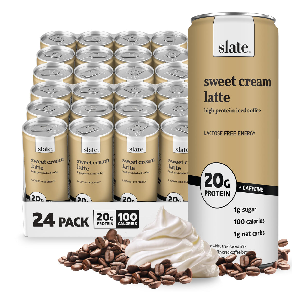 Slate Milk - High Protein Milk Shake - French Vanilla - Lactose Free, 20g Protein, 1g Sugar, 100 Calories, 1g Net Carbs, No Added Sugar - Natural, Breakfast Boost, Post Workout - 11 fl oz, 12 Cans