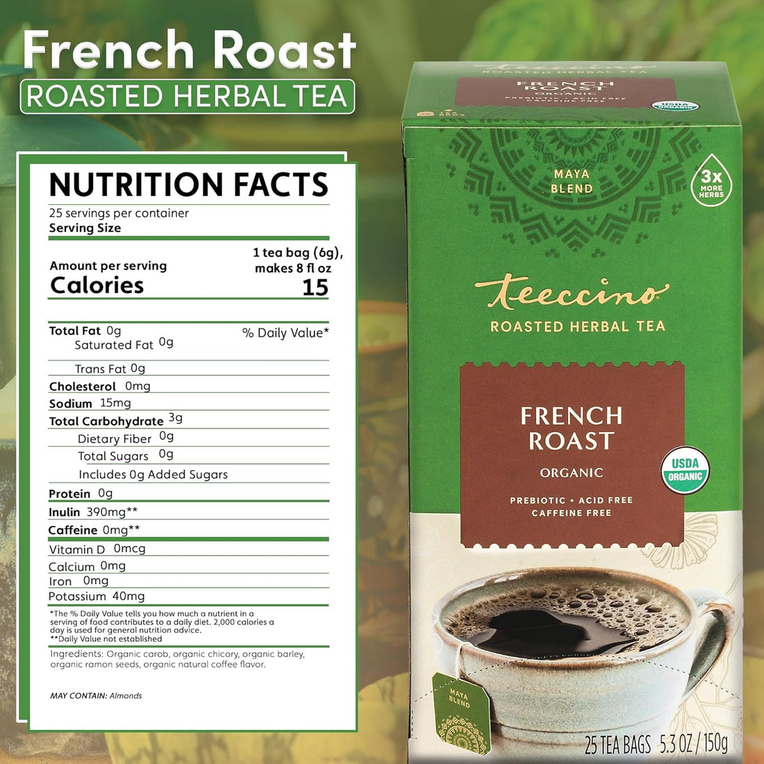Teeccino French Roast Herbal Tea - Rich & Roasted Herbal Tea That’s Caffeine Free & Prebiotic for Natural Energy, Coffee Alternative, 25 Tea Bags