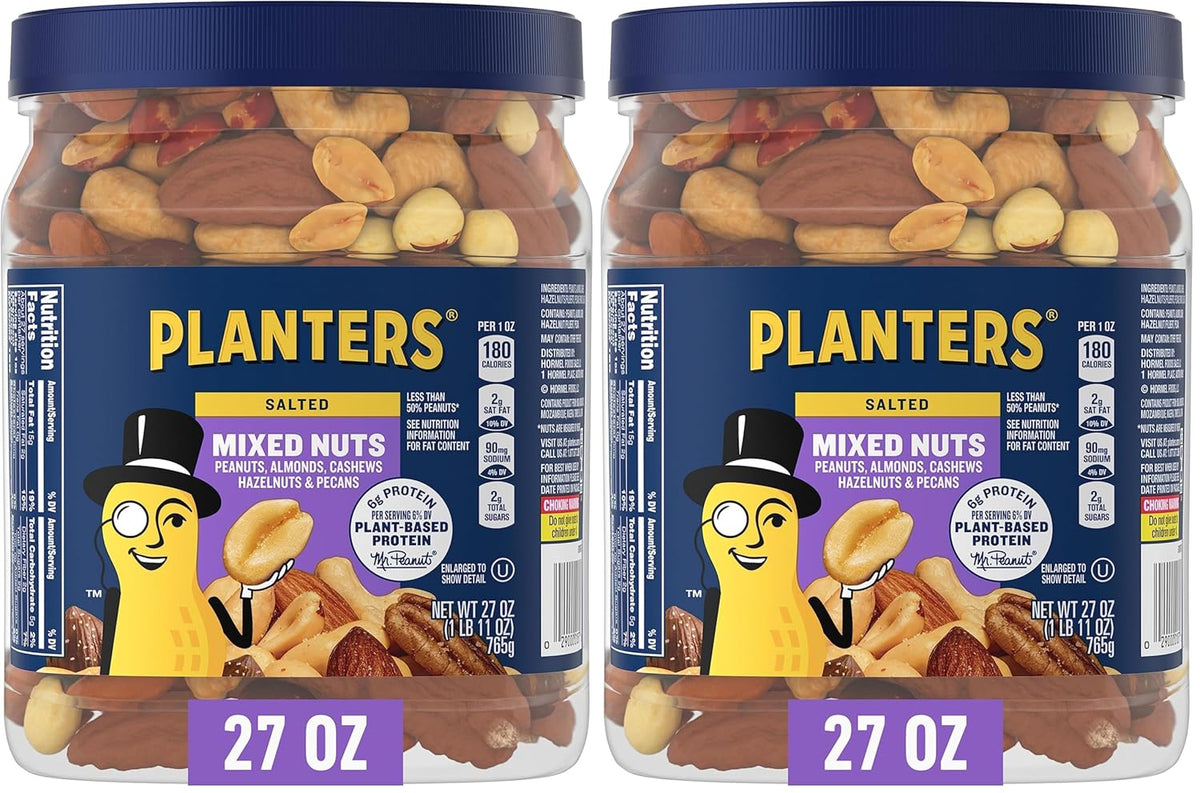 PLANTERS Deluxe Mixed Nuts with Sea Salt, 27 oz Resealable Container - Variety Mixed Nuts Snacks with Cashews, Almonds, Pecans, Pistachios & Hazelnuts - Energy Boost - Kosher