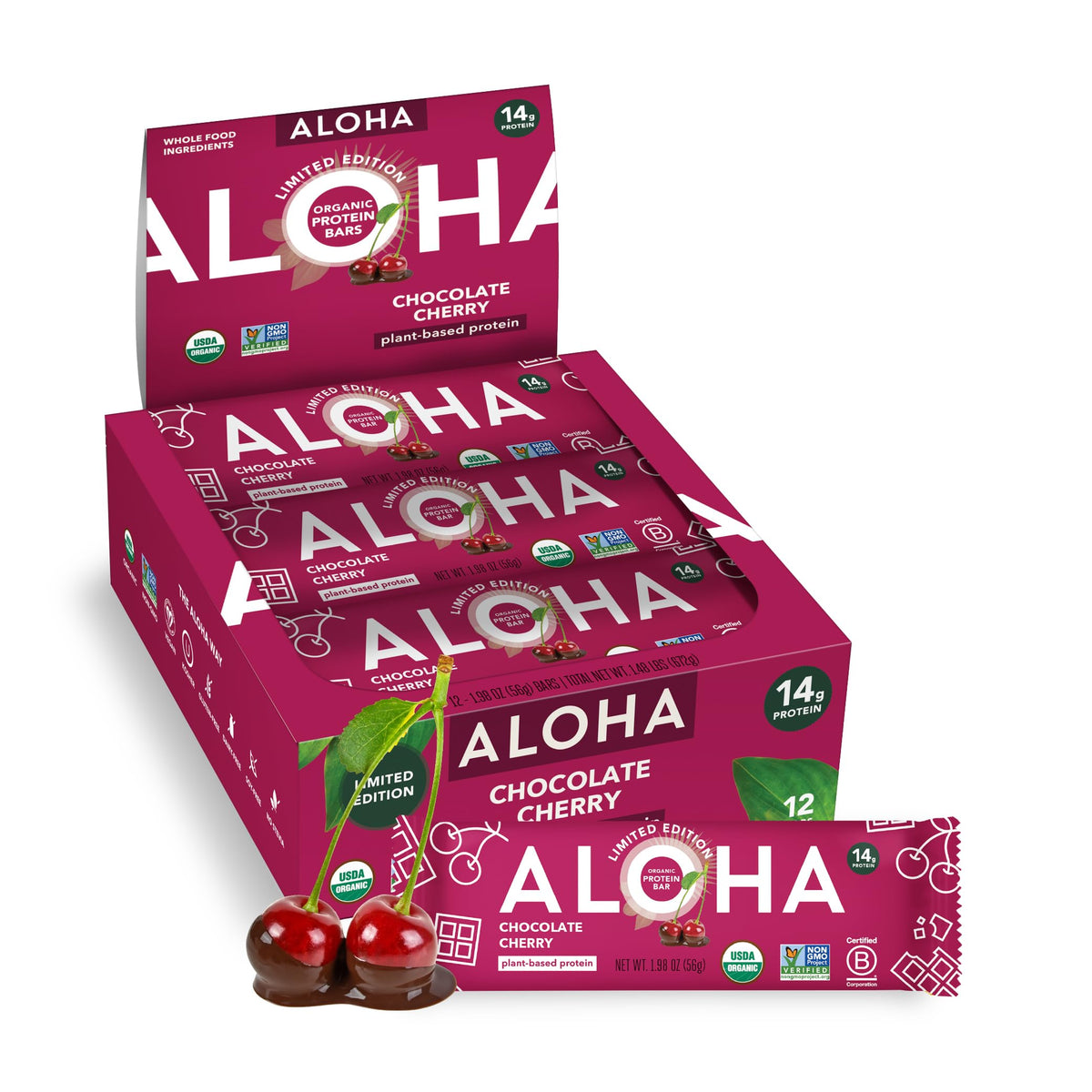 ALOHA Organic Plant Based Protein Bars |Peanut Butter Chocolate Chip | 1.98 Oz (Pack of 12) | Vegan, Low Sugar, Gluten Free, Paleo, Low Carb, Non-GMO, Stevia Free, Soy Free, No Sugar Alcohols