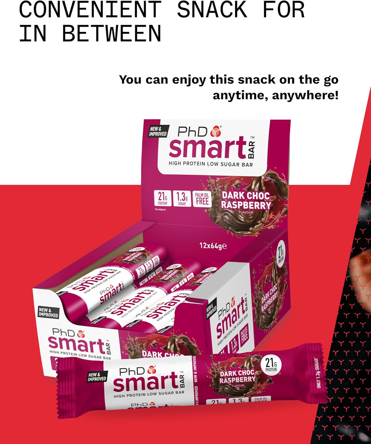 PhD Smart Hight Protein Bar Low Sugar, Nutritional Protein Bars/Protein Snacks, Chocolate Raspberry Flavour, 20g of Protein, 64g Bar (12 Pack)