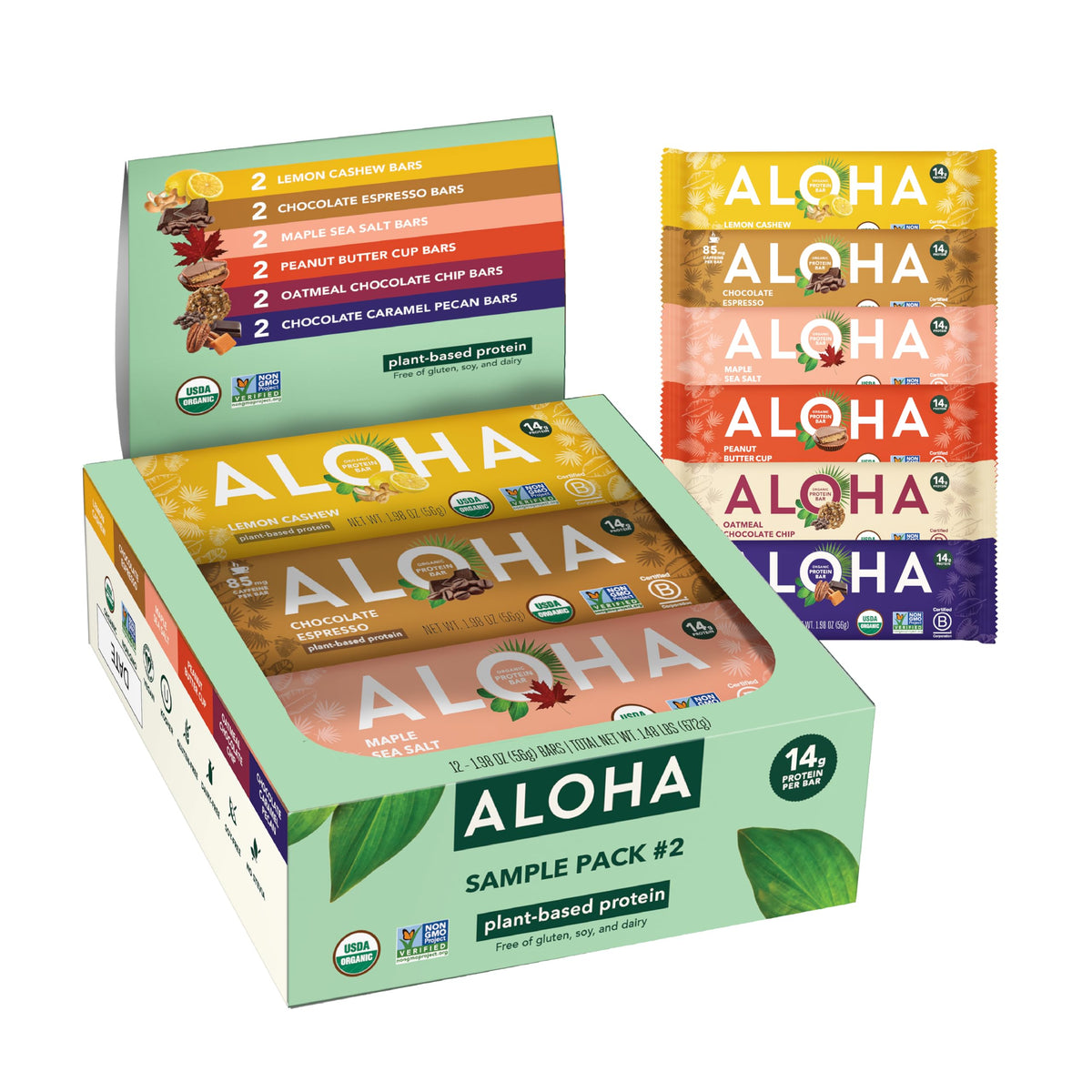 ALOHA Organic Plant Based Protein Bars |Peanut Butter Chocolate Chip | 1.98 Oz (Pack of 12) | Vegan, Low Sugar, Gluten Free, Paleo, Low Carb, Non-GMO, Stevia Free, Soy Free, No Sugar Alcohols