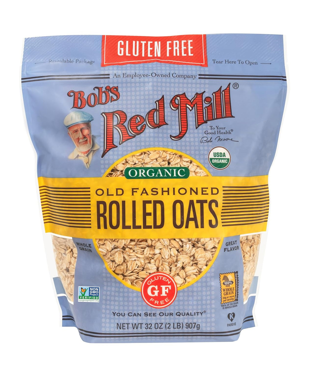 Bob's Red Mill Gluten Free Organic Old Fashioned Rolled Oats, 32oz (Pack of 4) - Non GMO, Whole Grain, Vegan, Kosher