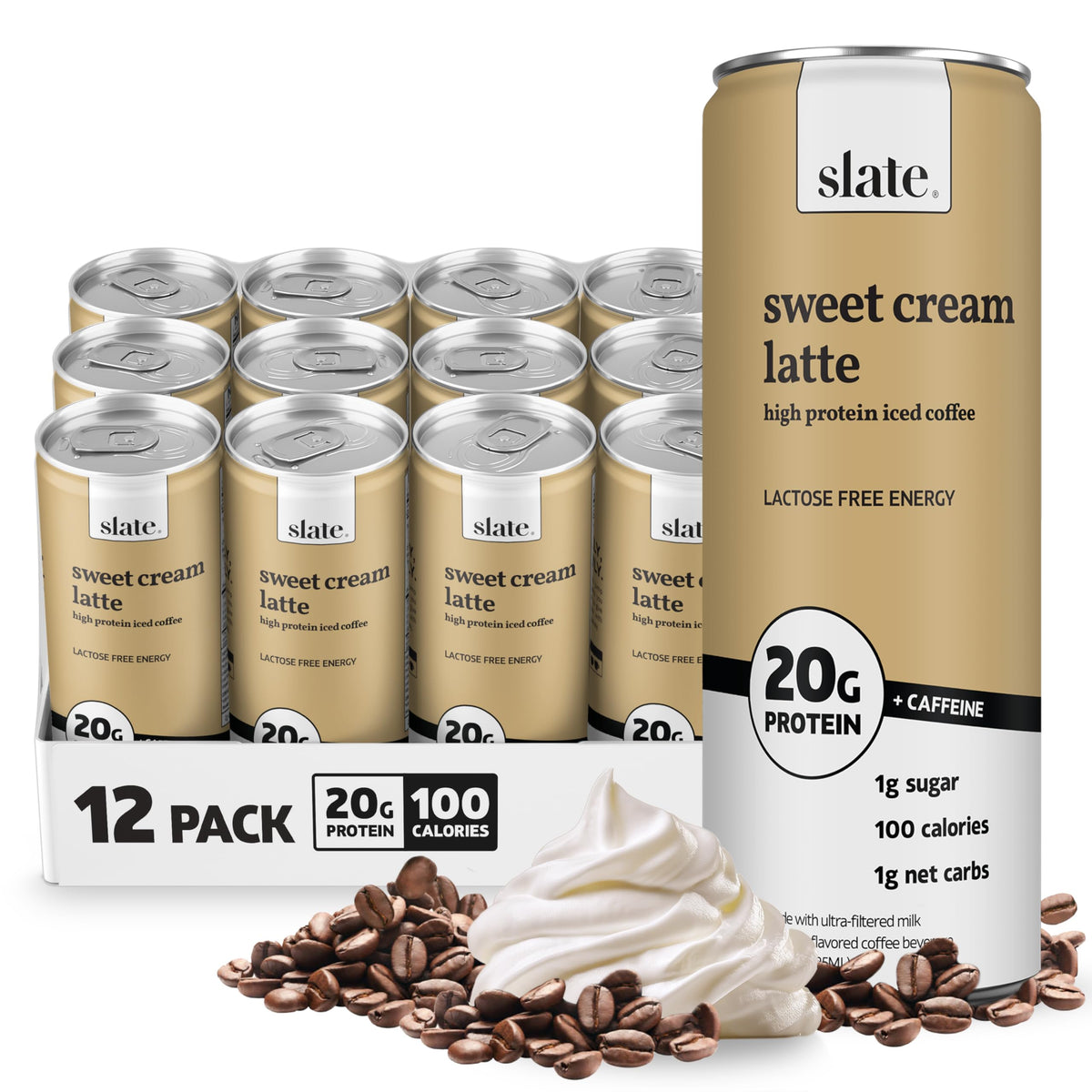Slate Milk - High Protein Milk Shake - French Vanilla - Lactose Free, 20g Protein, 1g Sugar, 100 Calories, 1g Net Carbs, No Added Sugar - Natural, Breakfast Boost, Post Workout - 11 fl oz, 12 Cans