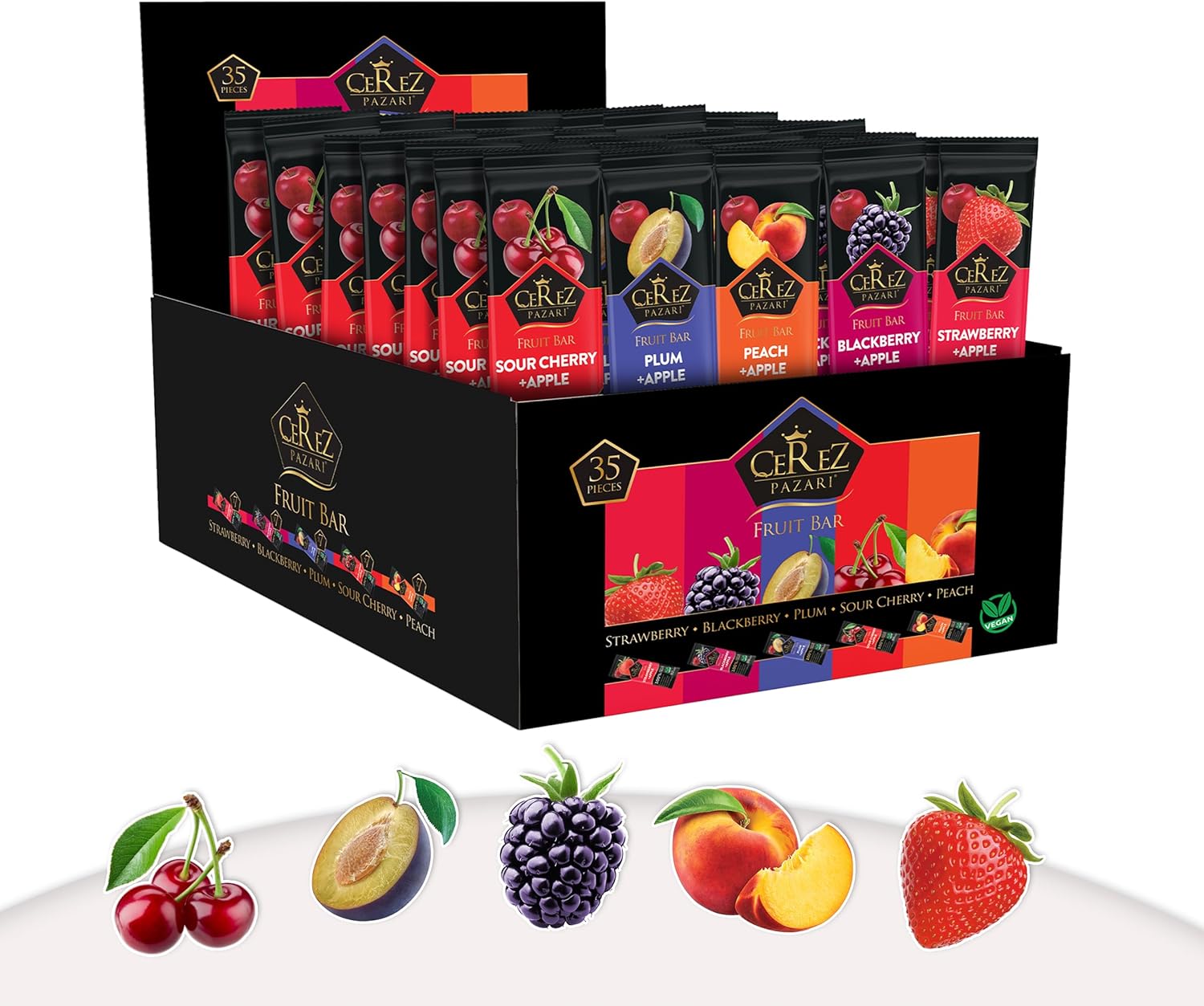 Cerez Pazari Dried Fruit Roll Ups, 25g x 35 pack Snacks Variety Pack for Kids, Vegan Real Fruit Bars, Healthy Snacks with Strawberry, Blackberry, Plum, Sour Cherry and Peach
