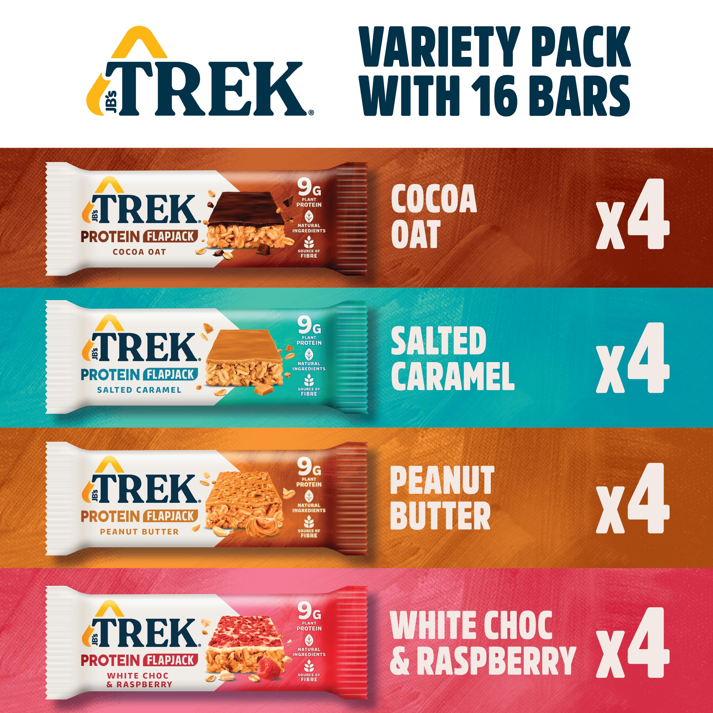 Trek High Protein Flapjack Cocoa Oat, 50 g - Gluten Free Bars – Healthy Snack Bars – Plant Based Protein - Vegan Bars (Pack of 16 Bars) | L0572375-P107199021-M107199013
