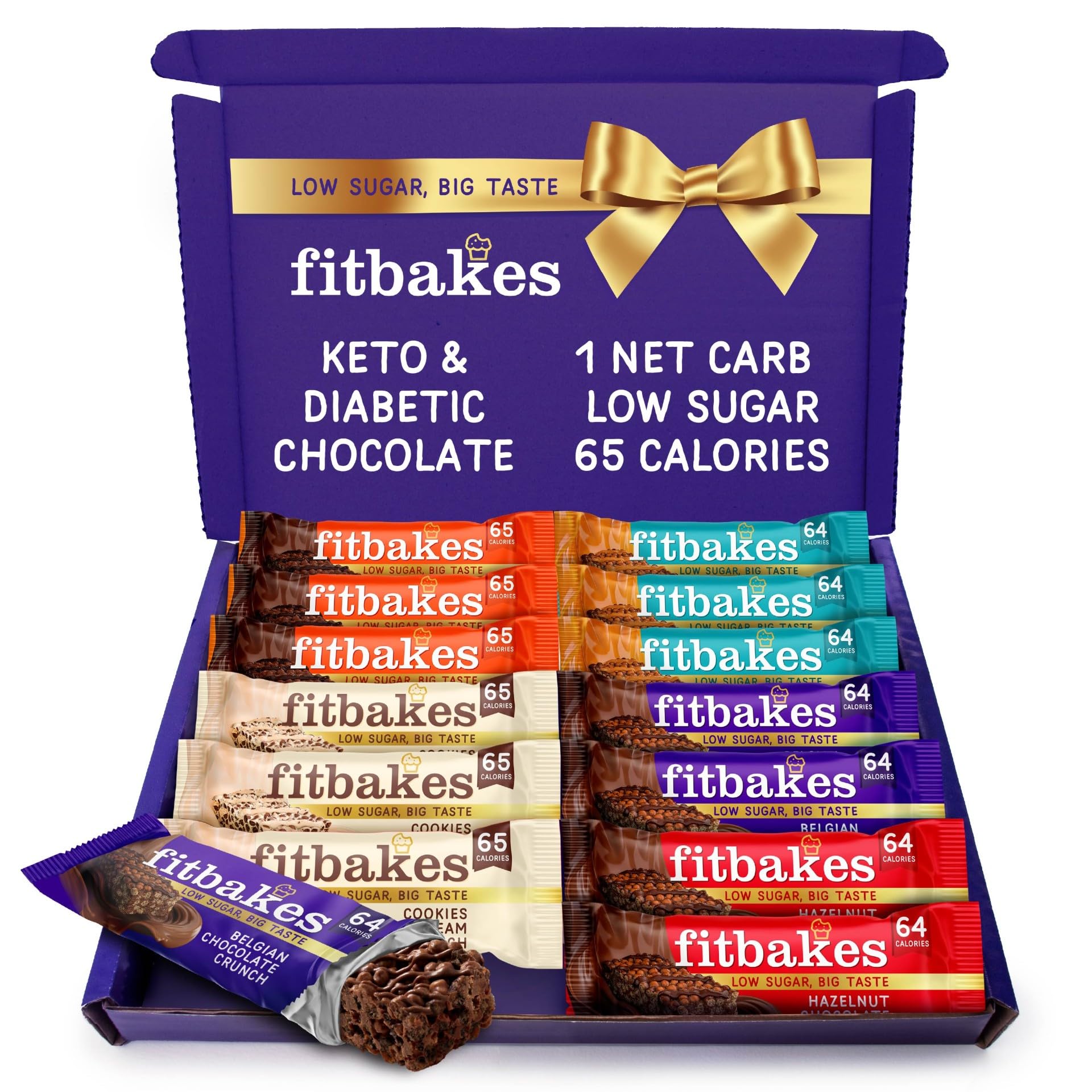 Fit bakes 64 Calories Belgian Chocolate Mini Bars (12x19g) Diabetic Chocolate Keto Snack, 1 Net Carb Low Sugar Crunch Cake, Diabetic Sweets Biscuits, Low Calorie Snack, No Added Sugar, Fitbakes