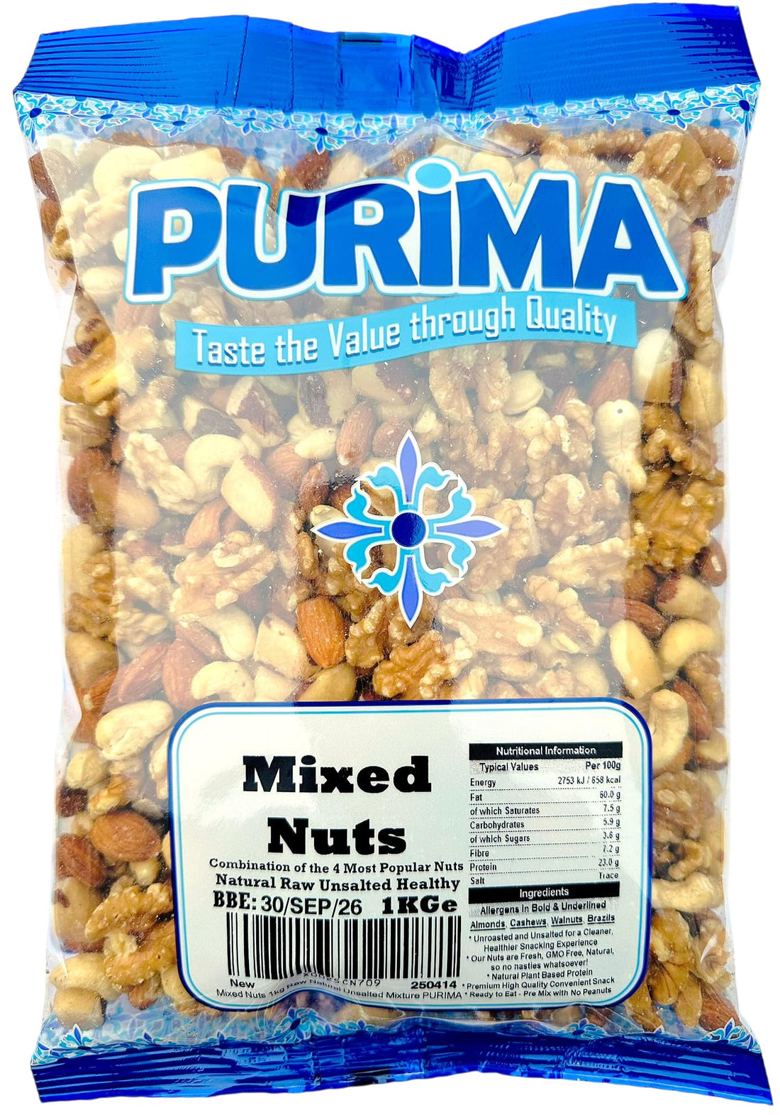 Mixed Nuts 1kg – Fresh 4 Nut Mix of Cashews Almonds Walnuts Brazil Mixture - Selection of Raw Whole Natural Plain Unsalted Unroasted - No Peanuts Healthy Snacks Large Bulk for Eating Keto Gift PURIMA