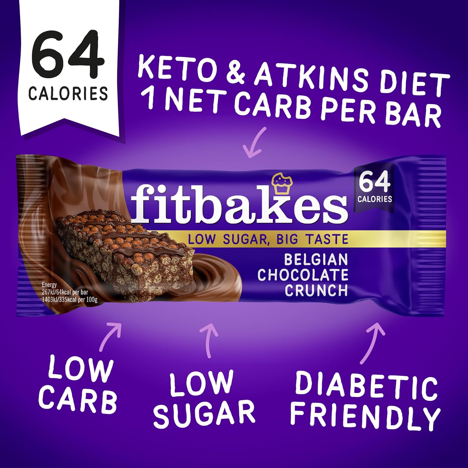 Fit bakes 64 Calories Belgian Chocolate Mini Bars (12x19g) Diabetic Chocolate Keto Snack, 1 Net Carb Low Sugar Crunch Cake, Diabetic Sweets Biscuits, Low Calorie Snack, No Added Sugar, Fitbakes