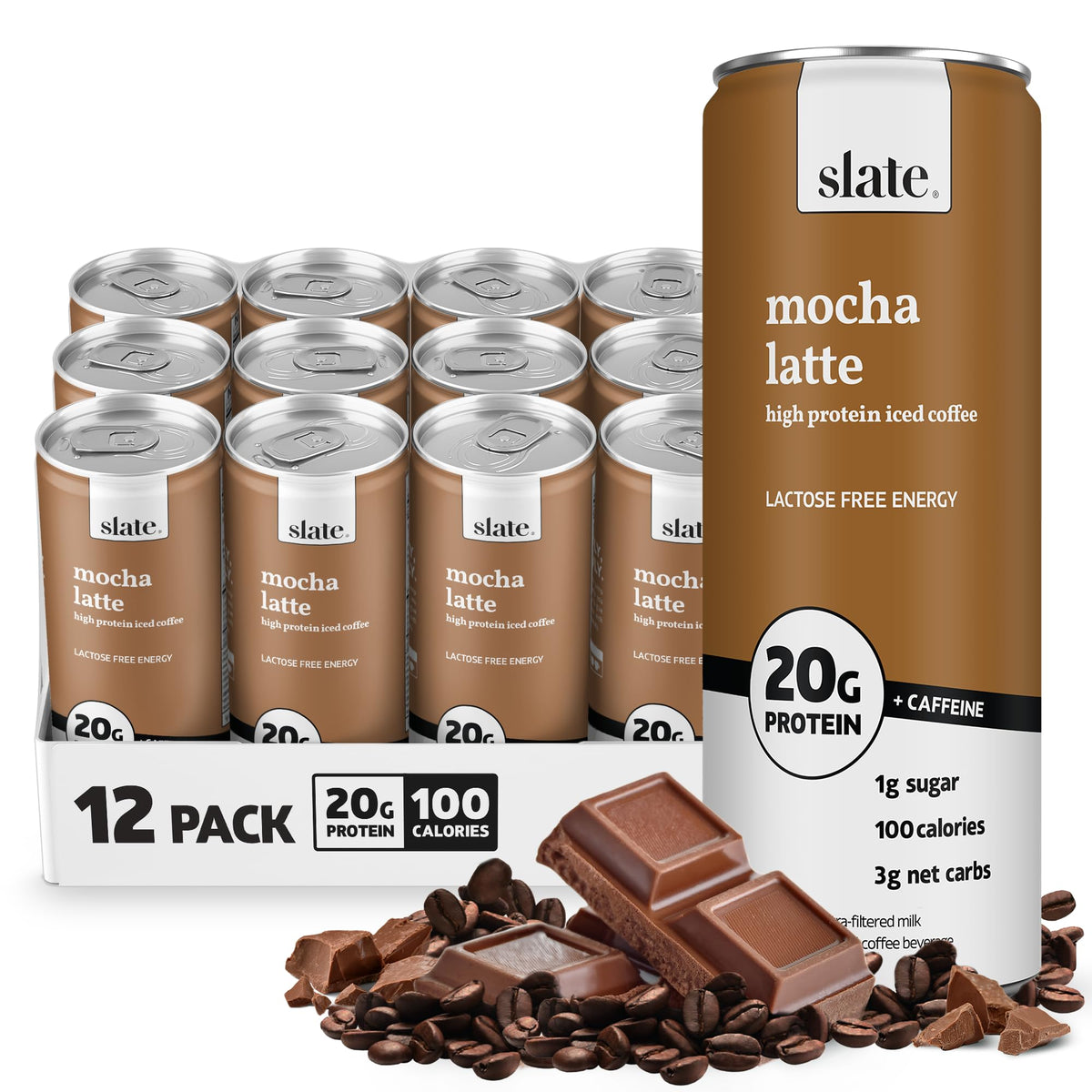 Slate Milk - High Protein Milk Shake - French Vanilla - Lactose Free, 20g Protein, 1g Sugar, 100 Calories, 1g Net Carbs, No Added Sugar - Natural, Breakfast Boost, Post Workout - 11 fl oz, 12 Cans
