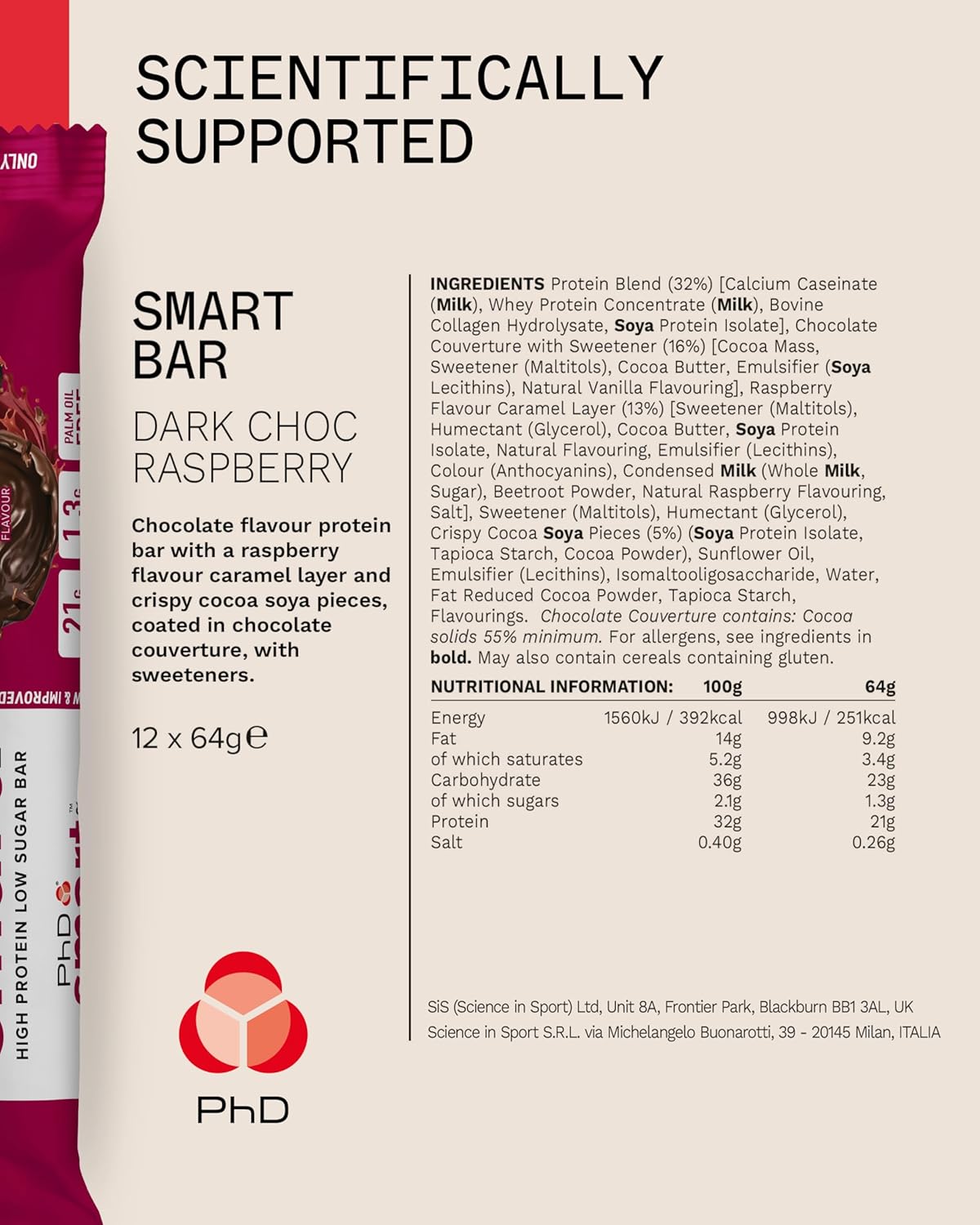 PhD Smart Hight Protein Bar Low Sugar, Nutritional Protein Bars/Protein Snacks, Chocolate Raspberry Flavour, 20g of Protein, 64g Bar (12 Pack)