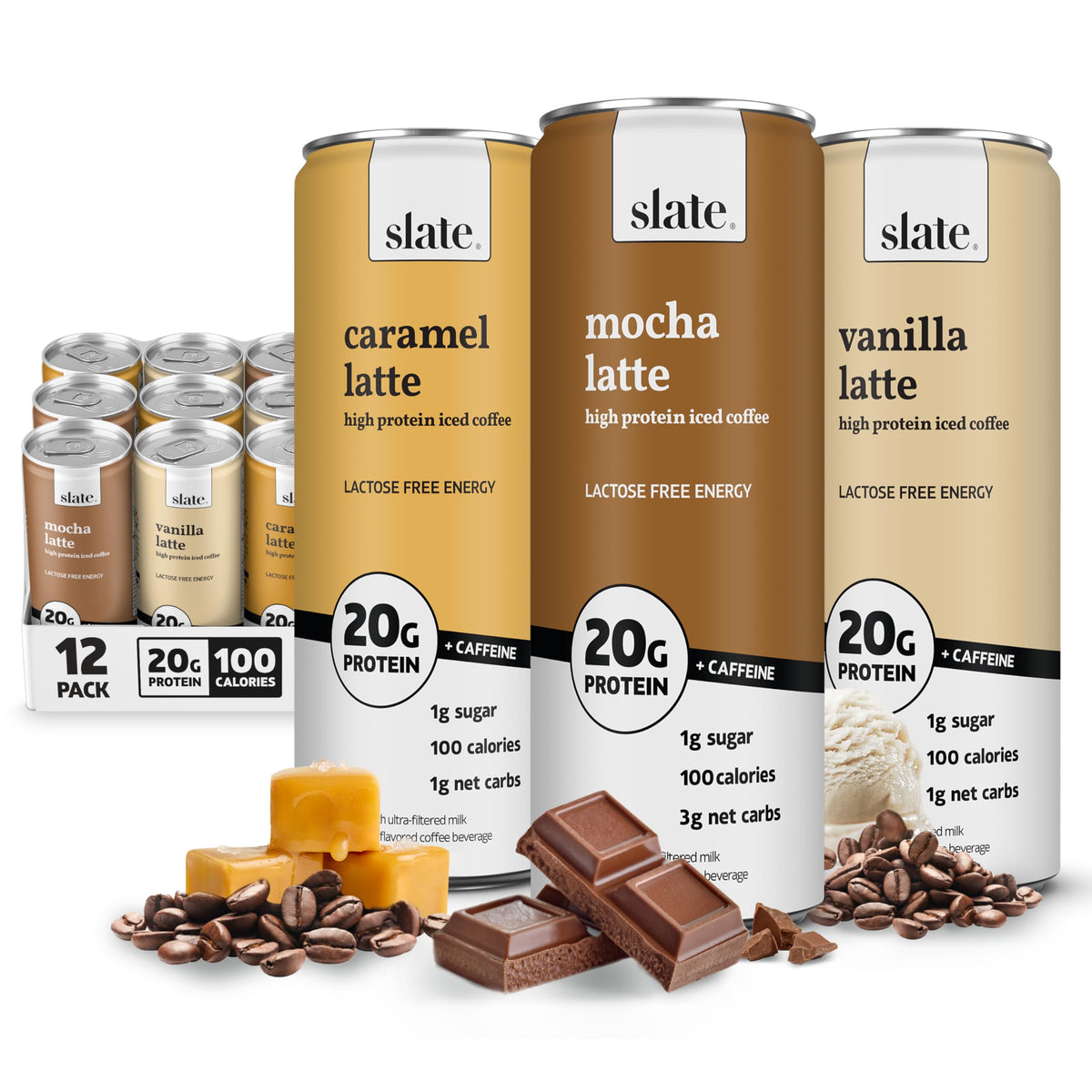 Slate Milk - High Protein Milk Shake - French Vanilla - Lactose Free, 20g Protein, 1g Sugar, 100 Calories, 1g Net Carbs, No Added Sugar - Natural, Breakfast Boost, Post Workout - 11 fl oz, 12 Cans