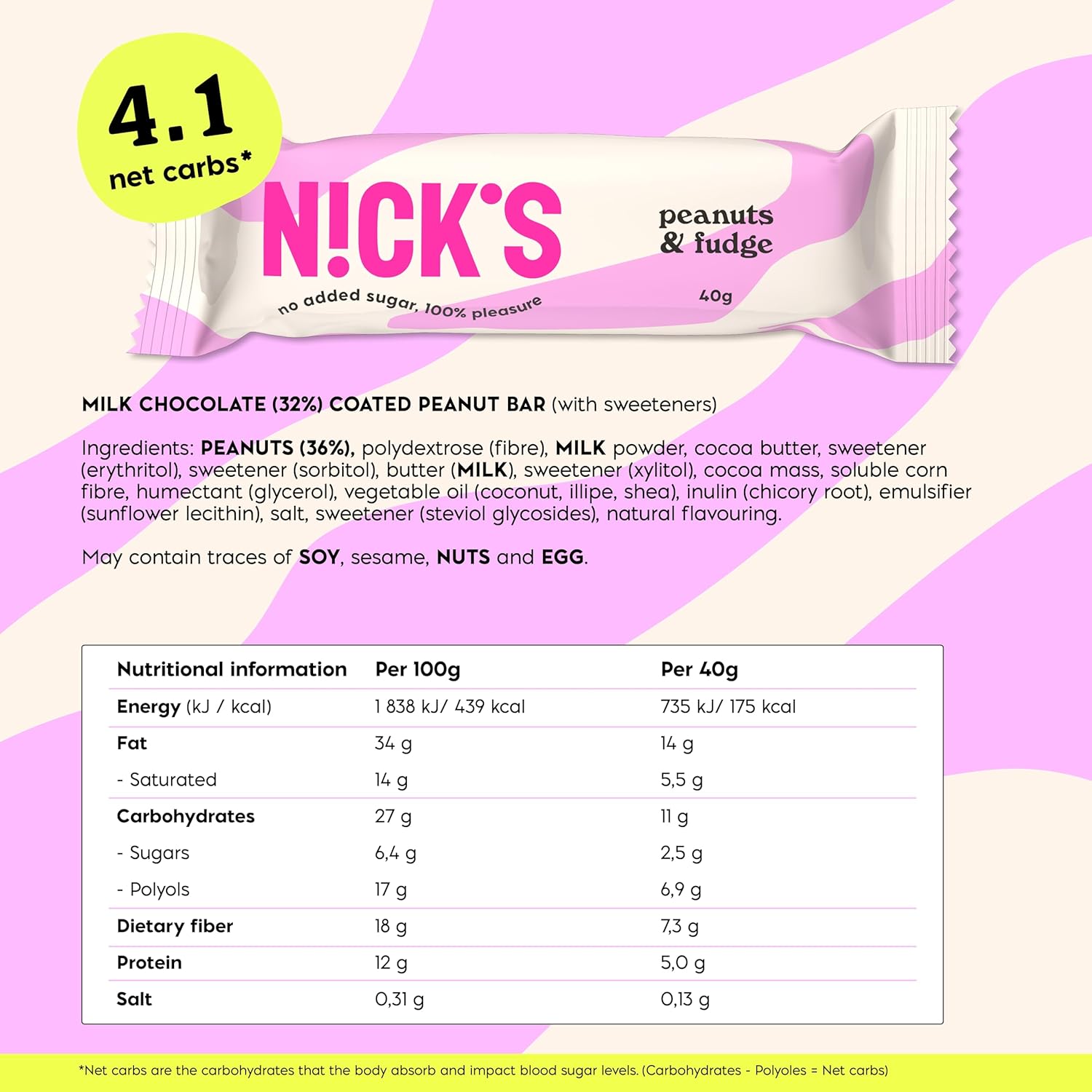 NICKS Peanuts n fudge Keto Chocolate Bars No Added Sugar 175 Calories, 4.1 Net carbs, Gluten Free Sweets Low carb Candy Snack Bar (Multipack 15x40g)