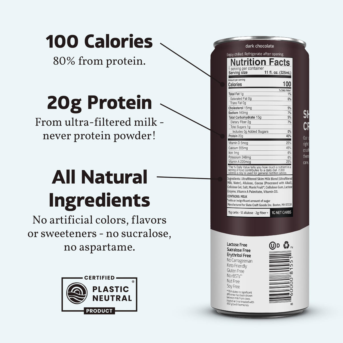 Slate Milk - High Protein Milk Shake - French Vanilla - Lactose Free, 20g Protein, 1g Sugar, 100 Calories, 1g Net Carbs, No Added Sugar - Natural, Breakfast Boost, Post Workout - 11 fl oz, 12 Cans