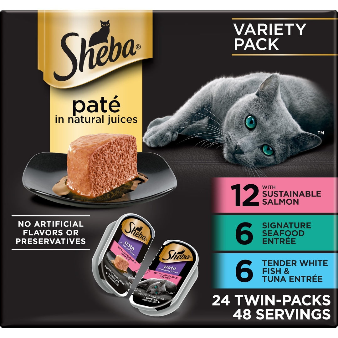 Sheba Perfect Portions Wet Cat Food Pate with Sustainable Salmon, Signature Seafood Entree, and Tender White Fish and Tuna Entree Variety Pack, 2.6 oz. Twin Pack Trays (24 Count, 48 Servings)