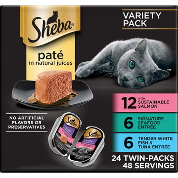Sheba Perfect Portions Wet Cat Food Pate with Sustainable Salmon, Signature Seafood Entree, and Tender White Fish and Tuna Entree Variety Pack, 2.6 oz. Twin Pack Trays (24 Count, 48 Servings)