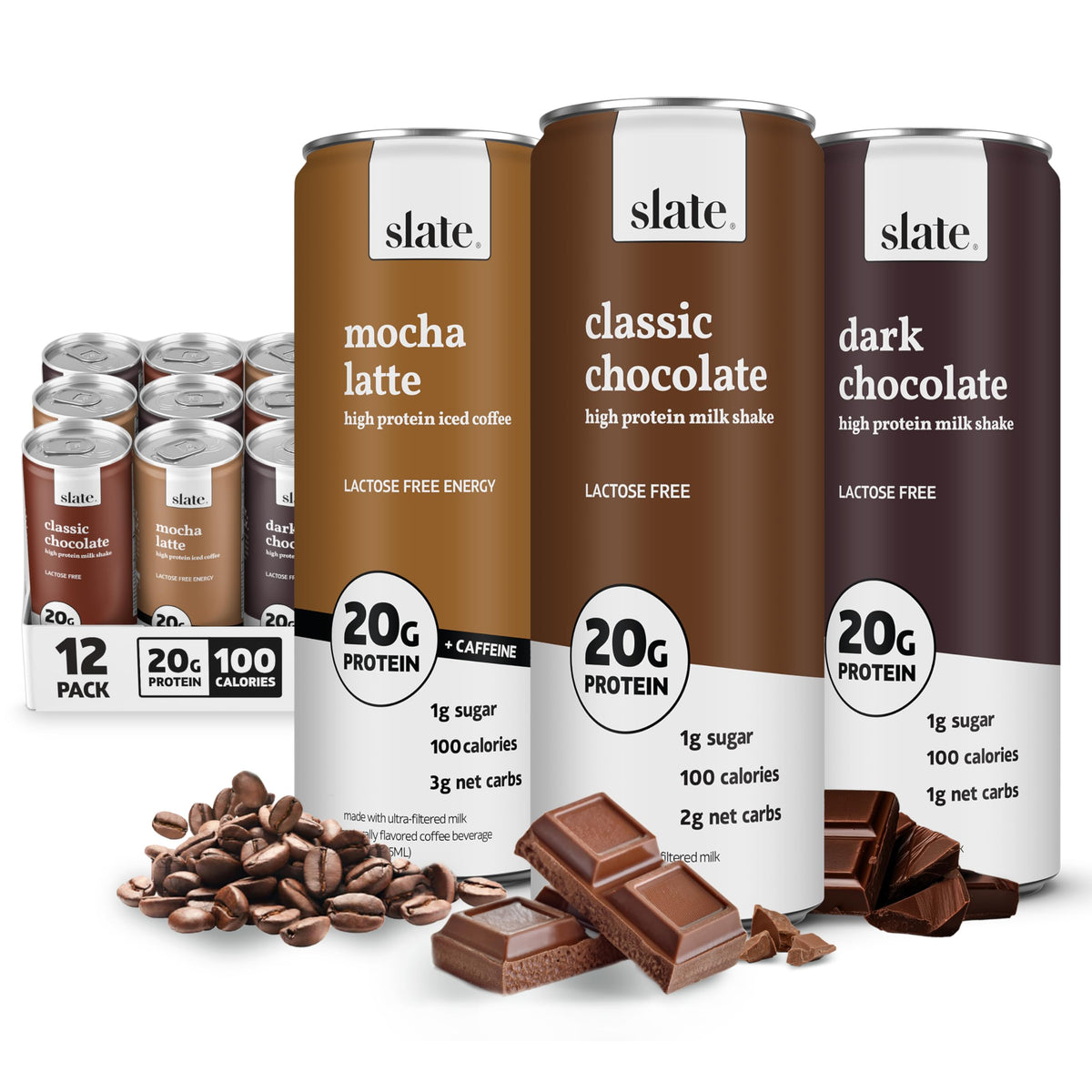 Slate Milk - High Protein Milk Shake - French Vanilla - Lactose Free, 20g Protein, 1g Sugar, 100 Calories, 1g Net Carbs, No Added Sugar - Natural, Breakfast Boost, Post Workout - 11 fl oz, 12 Cans