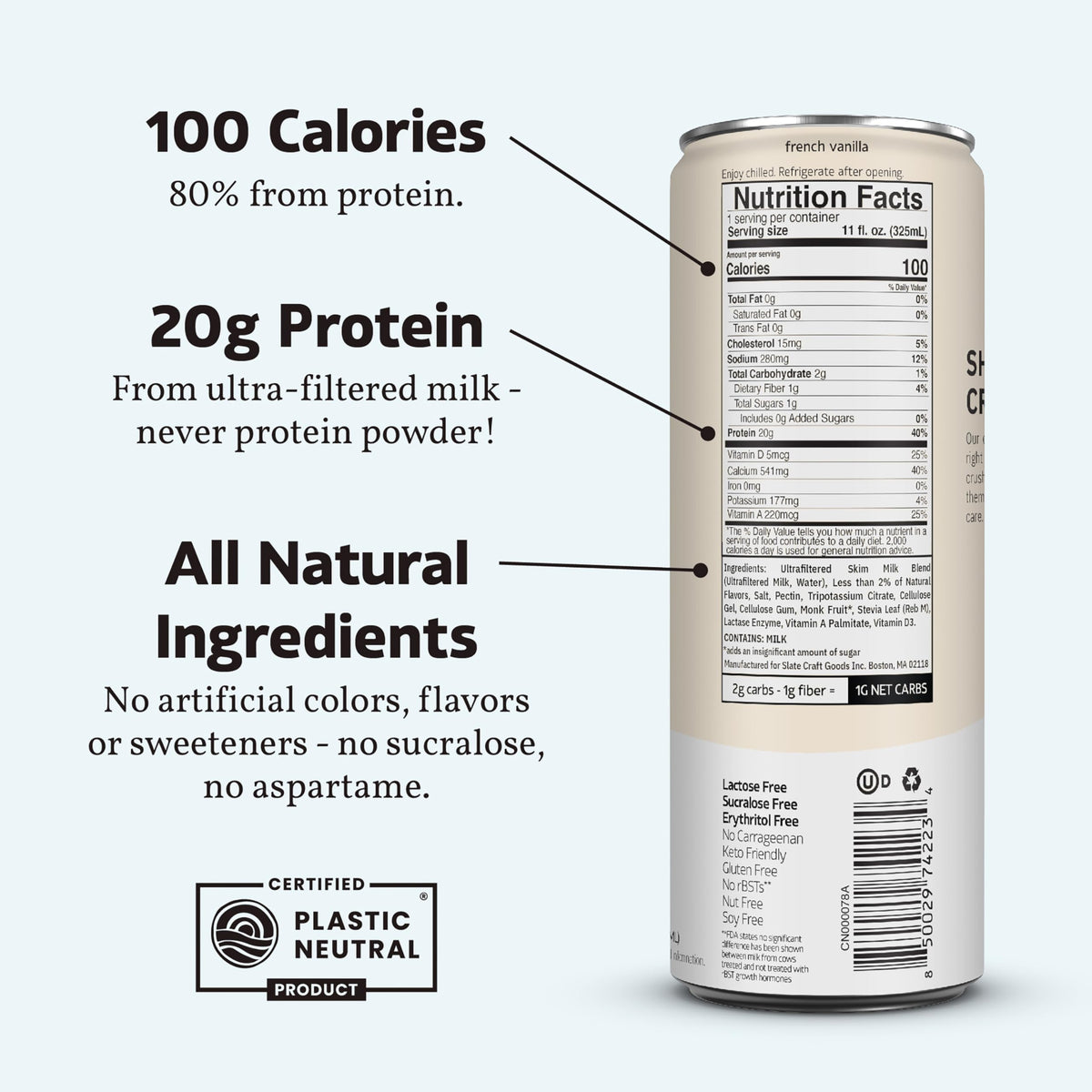 Slate Milk - High Protein Milk Shake - French Vanilla - Lactose Free, 20g Protein, 1g Sugar, 100 Calories, 1g Net Carbs, No Added Sugar - Natural, Breakfast Boost, Post Workout - 11 fl oz, 12 Cans