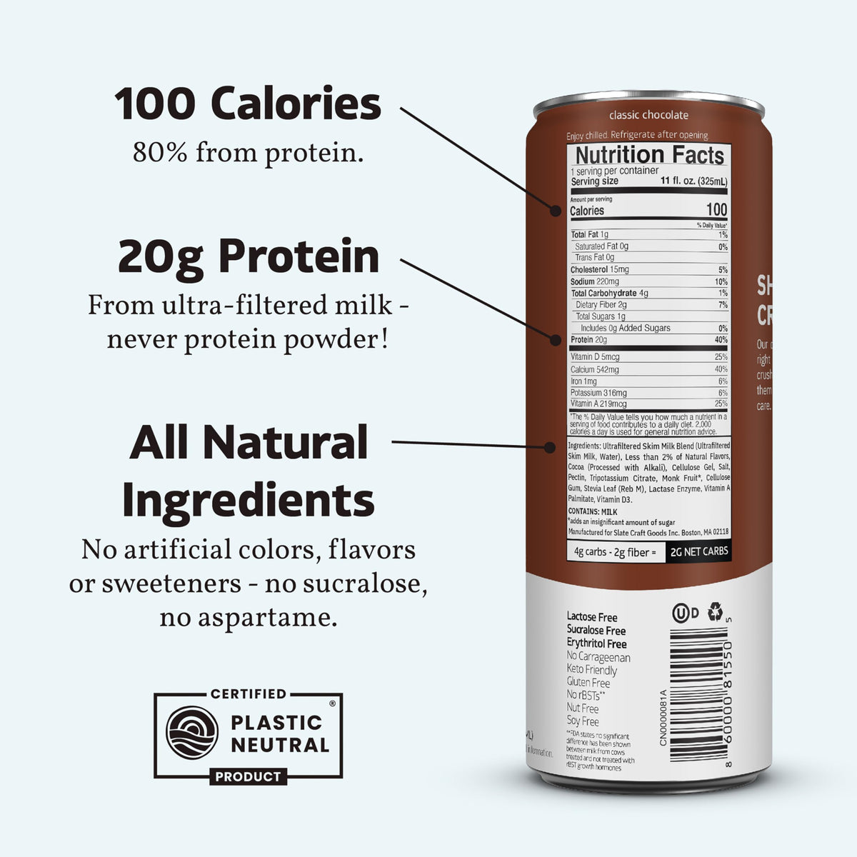Slate Milk - High Protein Milk Shake - French Vanilla - Lactose Free, 20g Protein, 1g Sugar, 100 Calories, 1g Net Carbs, No Added Sugar - Natural, Breakfast Boost, Post Workout - 11 fl oz, 12 Cans