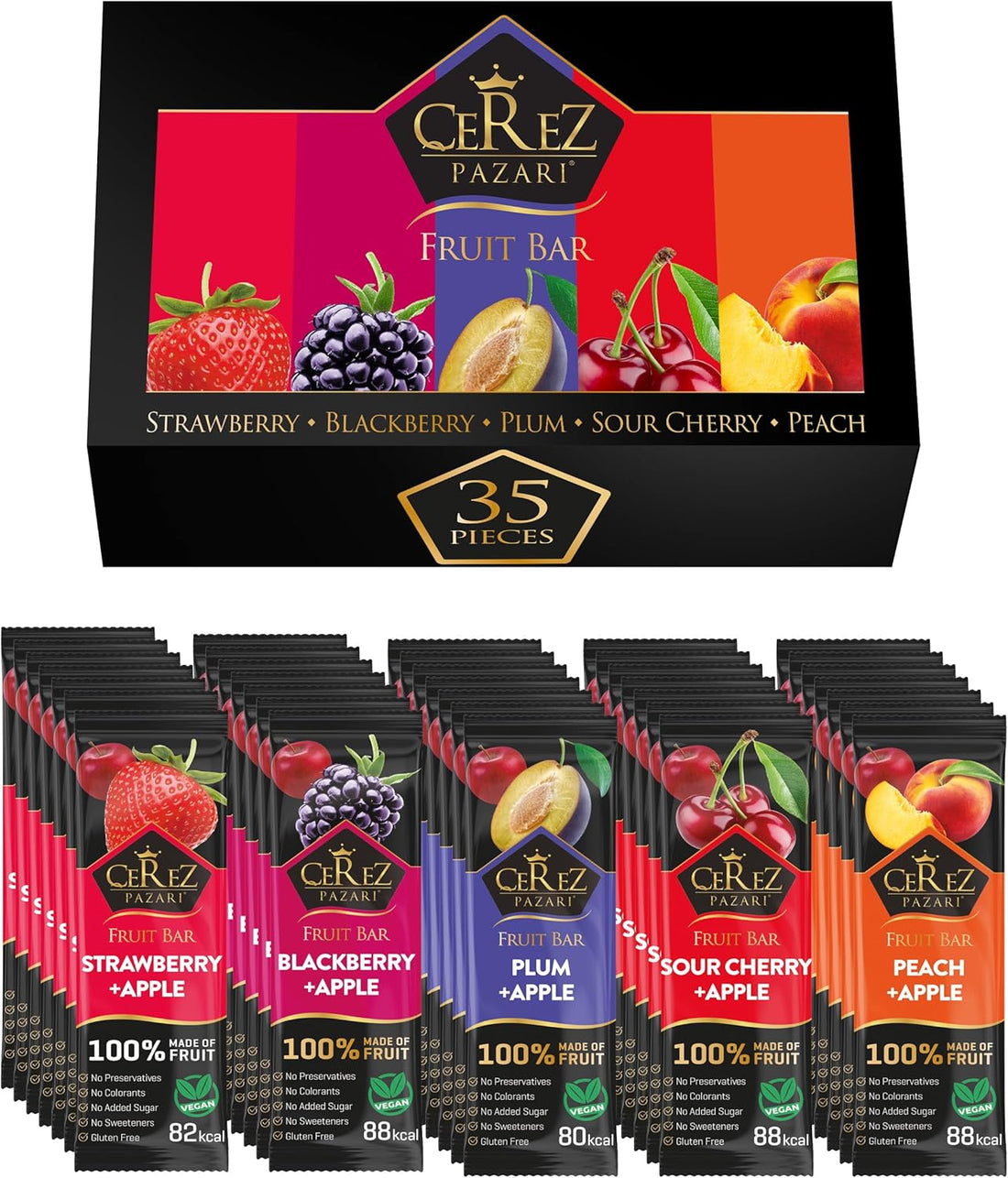 Cerez Pazari Dried Fruit Roll Ups, 25g x 35 pack Snacks Variety Pack for Kids, Vegan Real Fruit Bars, Healthy Snacks with Strawberry, Blackberry, Plum, Sour Cherry and Peach