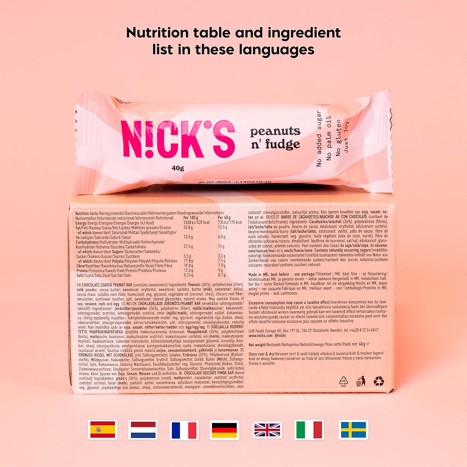 NICKS Peanuts n fudge Keto Chocolate Bars No Added Sugar 175 Calories, 4.1 Net carbs, Gluten Free Sweets Low carb Candy Snack Bar (Multipack 15x40g)