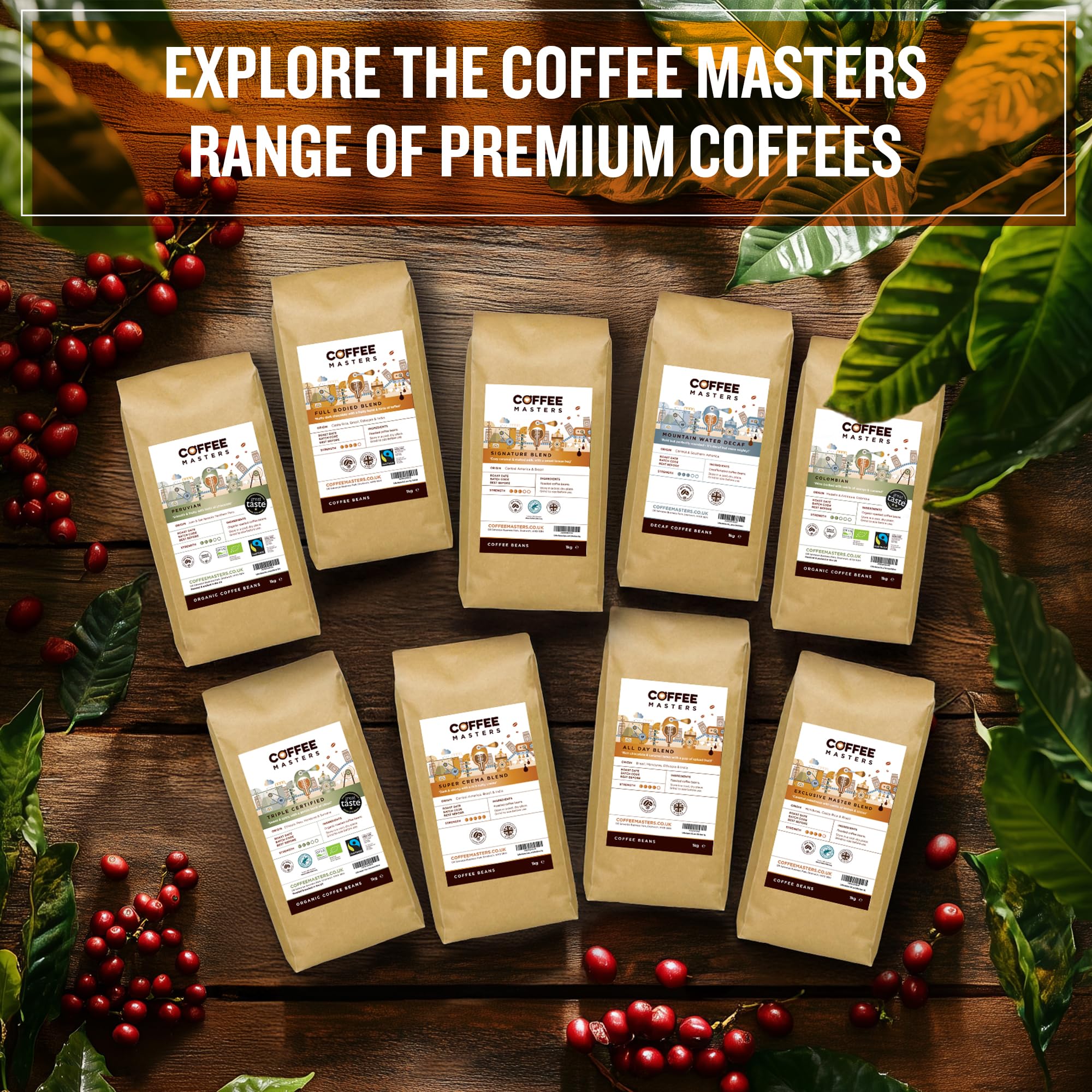 Coffee Masters Coffee Beans 1kg Exclusive Master Blend - 100% Arabica, Medium Dark Roasted Whole Bean Ideal for Espresso Machines